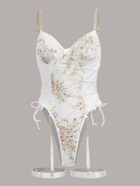 Floral Embroidered Mesh Lace Up Chain Decor Garter Teddy Bodysuit
